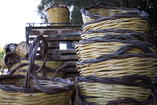 Empty wicker baskets are for sale in a market