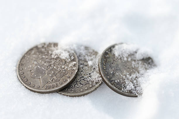 istock Old US Silver Dollar Coins in Snow 638310642