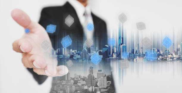 istock Businessman stretch out hand, with double exposure city technology 638318188