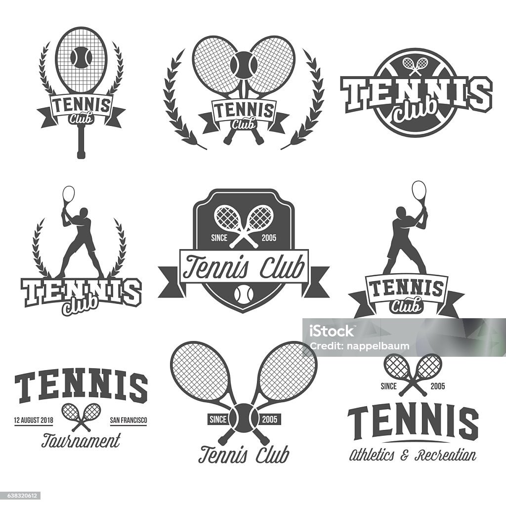 Tennis sports logo, label, emblem, design elements Set of tennis badge logotype template. Club emblem, college league logo, one color design elements, sport tournament, contest, tug, rush, competition. Tennis stock vector
