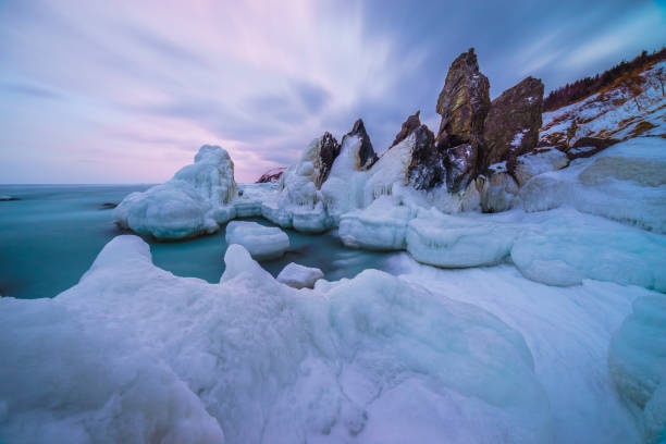Cliff through a sad sunset in the winter, Sakhalin island