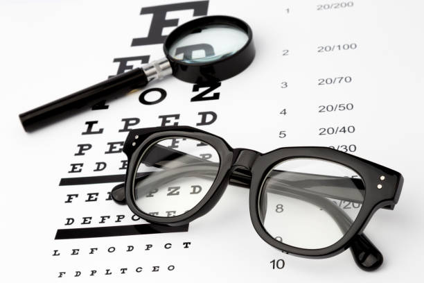 istock eyesight test with black small magnifier, glasses and snellen chart 638323816