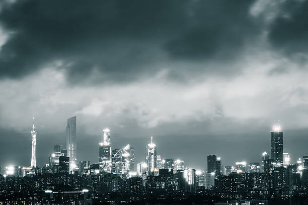 istock Urban panoramic scene in rain storm weather 638325780