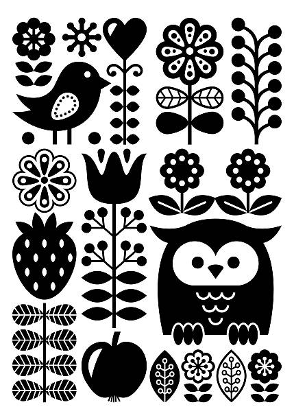 Finnish inspired folk art pattern - Scandinavian, Nordic style - monochrome Vector black background with flowers, fruit and animals isolated on white background of a owl black and white stock illustrations