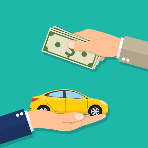 Hand of businessman with money buying a car Hand of businessman with money buying a car. vector illustration in flat design selling stock illustrations