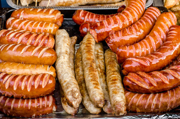 istock sausages grilled on skewers on a large plate 638330328