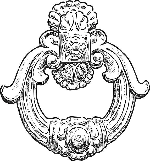 ilustraciones, imágenes clip art, dibujos animados e iconos de stock de la antigua manija de la puerta en forma de anillo decorativo - aldaba