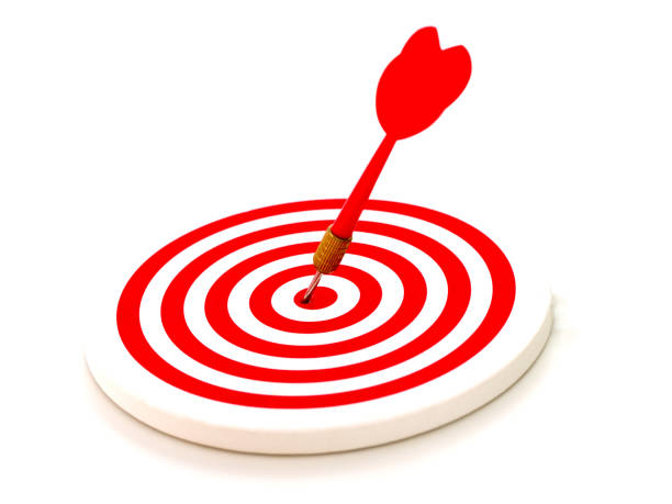 istock Red bullseye dart arrow hitting target dartboard on white background. 638332068
