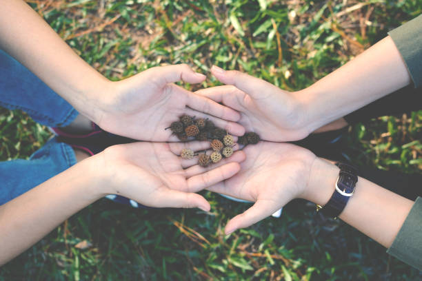 istock Happy women hold hands on nature background 638340630