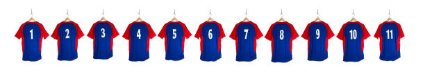 Row of Blue Red Football Shirts 1-11 stock photo