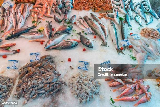 Fresh Fish And Seafood In Sicily Stock Photo - Download Image Now - Calamari, Crab, Crab - Seafood