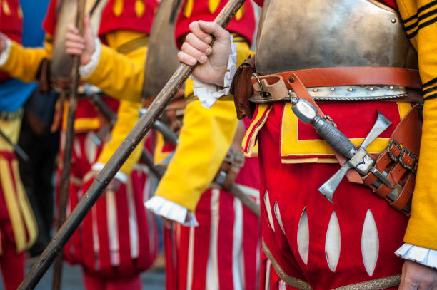 istock The soldiers in medieval uniform 638346000