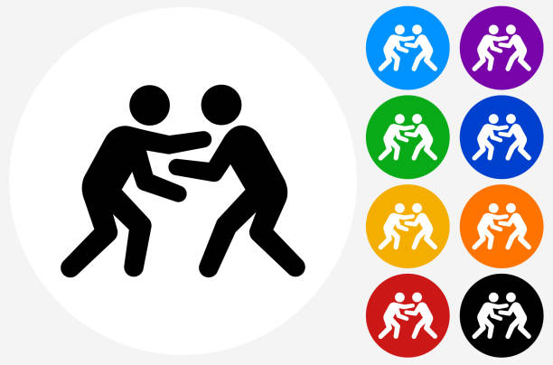 플랫 컬러 서클 버튼의 레슬링 아이콘 - wrestling sport conflict competition stock illustrations