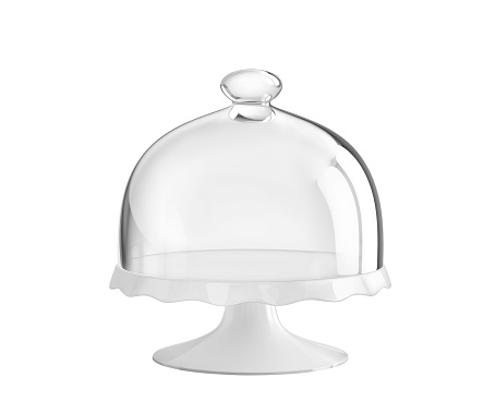 Porcelain cake stand with glass bell jar. 3D rendering with clipping path