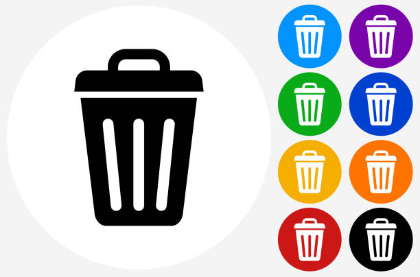 Trash Can Icon on Flat Color Circle Buttons Trash Can Icon on Flat Color Circle Buttons. This 100% royalty free vector illustration features the main icon pictured in black inside a white circle. The alternative color options in blue, green, yellow, red, purple, indigo, orange and black are on the right of the icon and are arranged in two vertical columns. bin stock illustrations