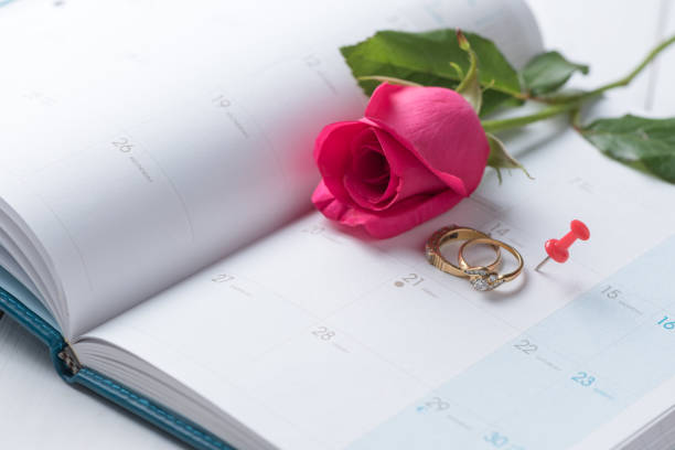 istock Wedding gold rings and pin on calender. 638355178