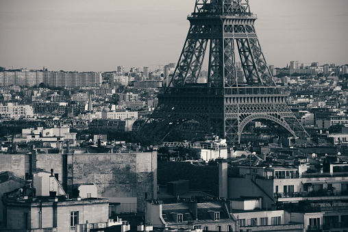 Paris rooftop view skyline and Eiffel Tower in France.