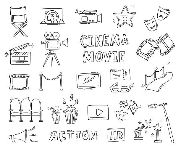 ilustraciones, imágenes clip art, dibujos animados e iconos de stock de conjunto de iconos de cine dibujados a mano - cámara ilustraciones