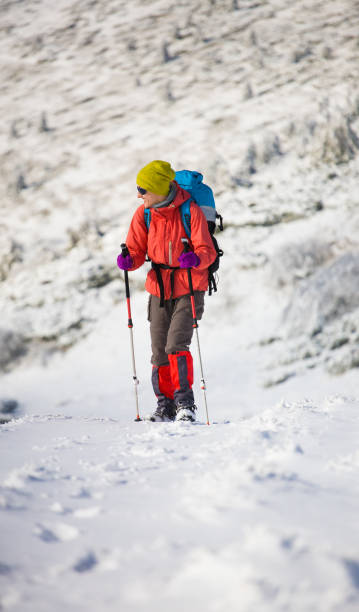istock Girl with backpack walking on snow in the mountains. 638360278