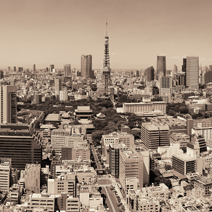 Tokyo Tower and urban skyline rooftop view, Japan.