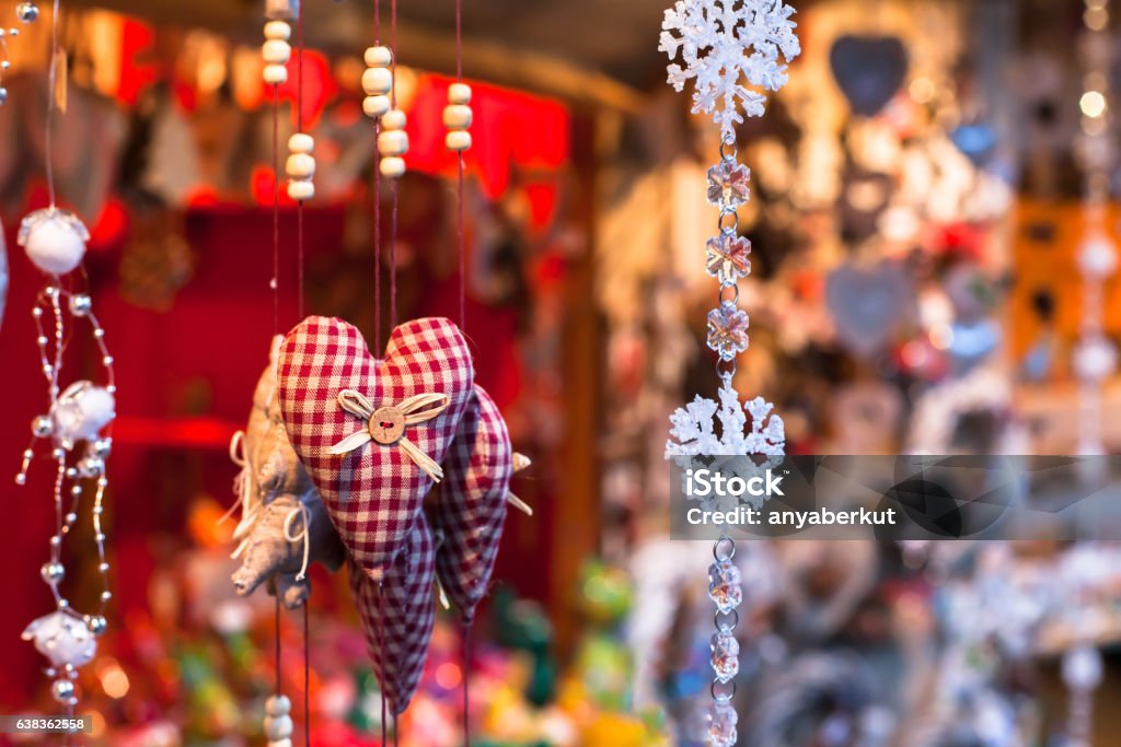 decoration on christmas market, close up decoration on christmas market, close up of cozy handmade heart Beauty Stock Photo