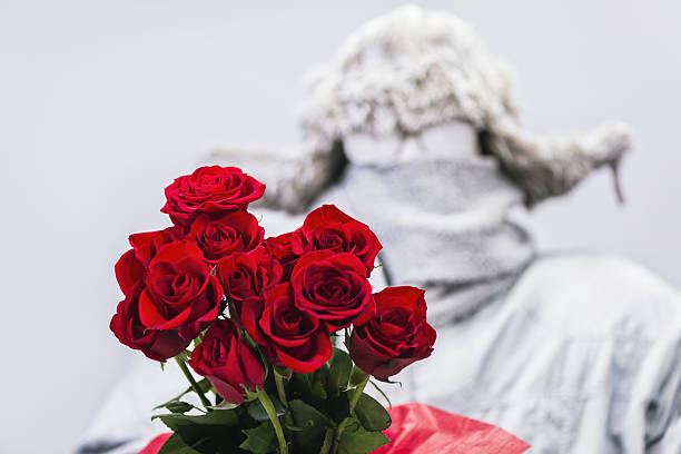 istock Frozen man presenting a bouquet of  a dozen red roses 638363114