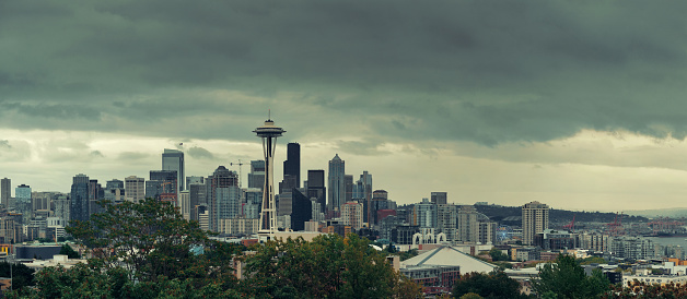 Space Needle and Seattle downtown skyline panorama from Kerry Park.