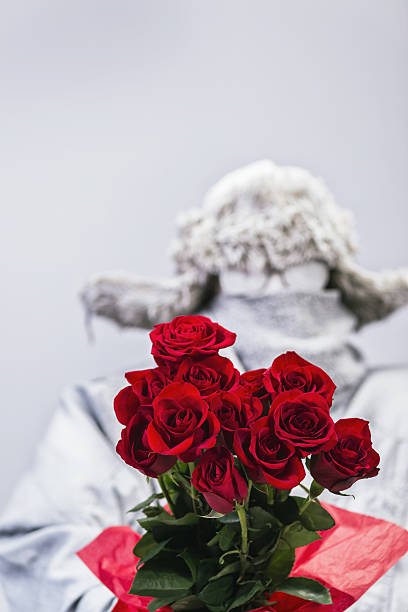 istock Frozen man presenting a bouquet of  a dozen red roses 638363148