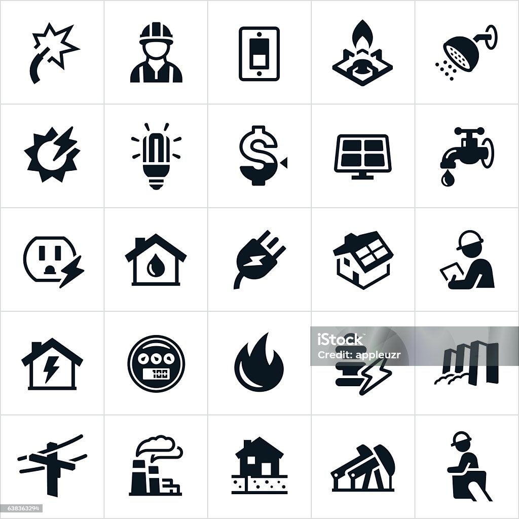 Utilities Icons A set of icons representing the three commonly used public utilities. These utilities include electricity, gas and water. They also include other forms of residentially used energy including solar energy. The icons include electricity, utilities worker, light switch, gas stove, shower, light bulb, solar energy, costs, solar panel, water faucet, electrical outlet, natural gas, hydro electricity, power line, natural gas production and gas well among others. Icon Symbol stock vector