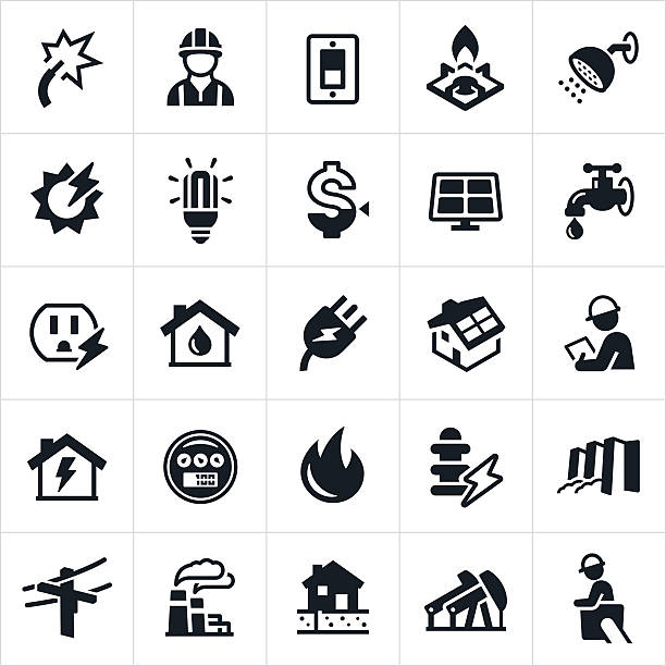 Utilities Icons A set of icons representing the three commonly used public utilities. These utilities include electricity, gas and water. They also include other forms of residentially used energy including solar energy. The icons include electricity, utilities worker, light switch, gas stove, shower, light bulb, solar energy, costs, solar panel, water faucet, electrical outlet, natural gas, hydro electricity, power line, natural gas production and gas well among others. maintenance engineer fuel and power generation power line electricity stock illustrations