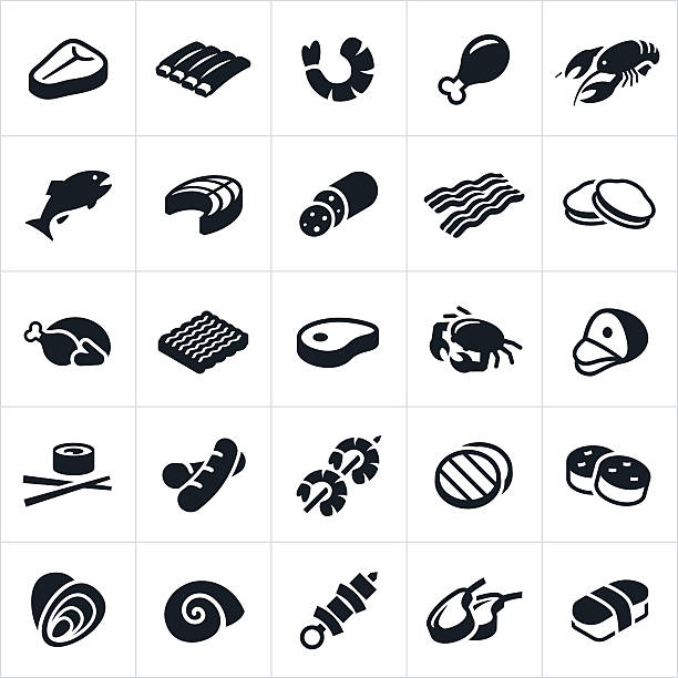 Meats and Seafood Icons An icon set of different meats and seafood. The icons include beef, steak, ribs, chicken, meat, bacon, turkey, hamburger, pork, ham, hotdog, sausage, kabob, lamb, shrimp, lobster, fish, salmon, clams, oysters, crab, sushi, scallops and escargot. salmon animal illustrations stock illustrations