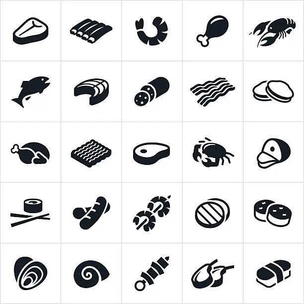 Vector illustration of Meats and Seafood Icons