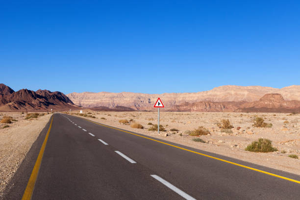 istock Empty desert road with mountains and blue sky 638363566