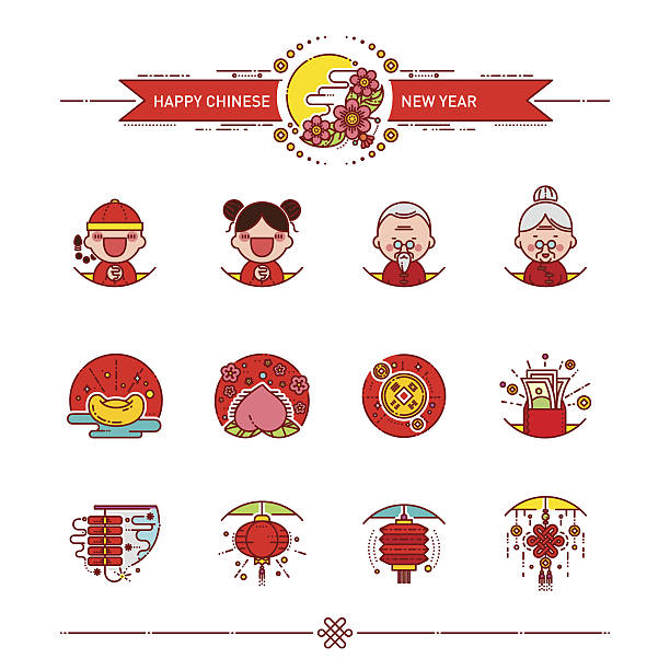 frohe chinesische neujahr icons set - all asian currencies stock-grafiken, -clipart, -cartoons und -symbole