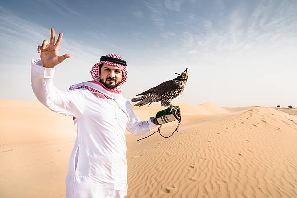 arabic sheik on the desert holding a falcon arabic sheik on the desert holding a falcon Oman stock pictures, royalty-free photos & images