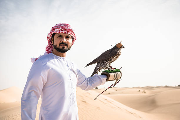 cheik arabe sur le désert tenant un faucon - middle eastern ethnicity sheik wealth men photos et images de collection