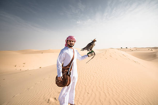 arabic sheik on the desert holding a falcon arabic sheik on the desert holding a falcon hawk bird photos stock pictures, royalty-free photos & images