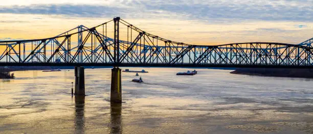 Bridge over Mississippi River at Vicksburg, Mississippi at sunset