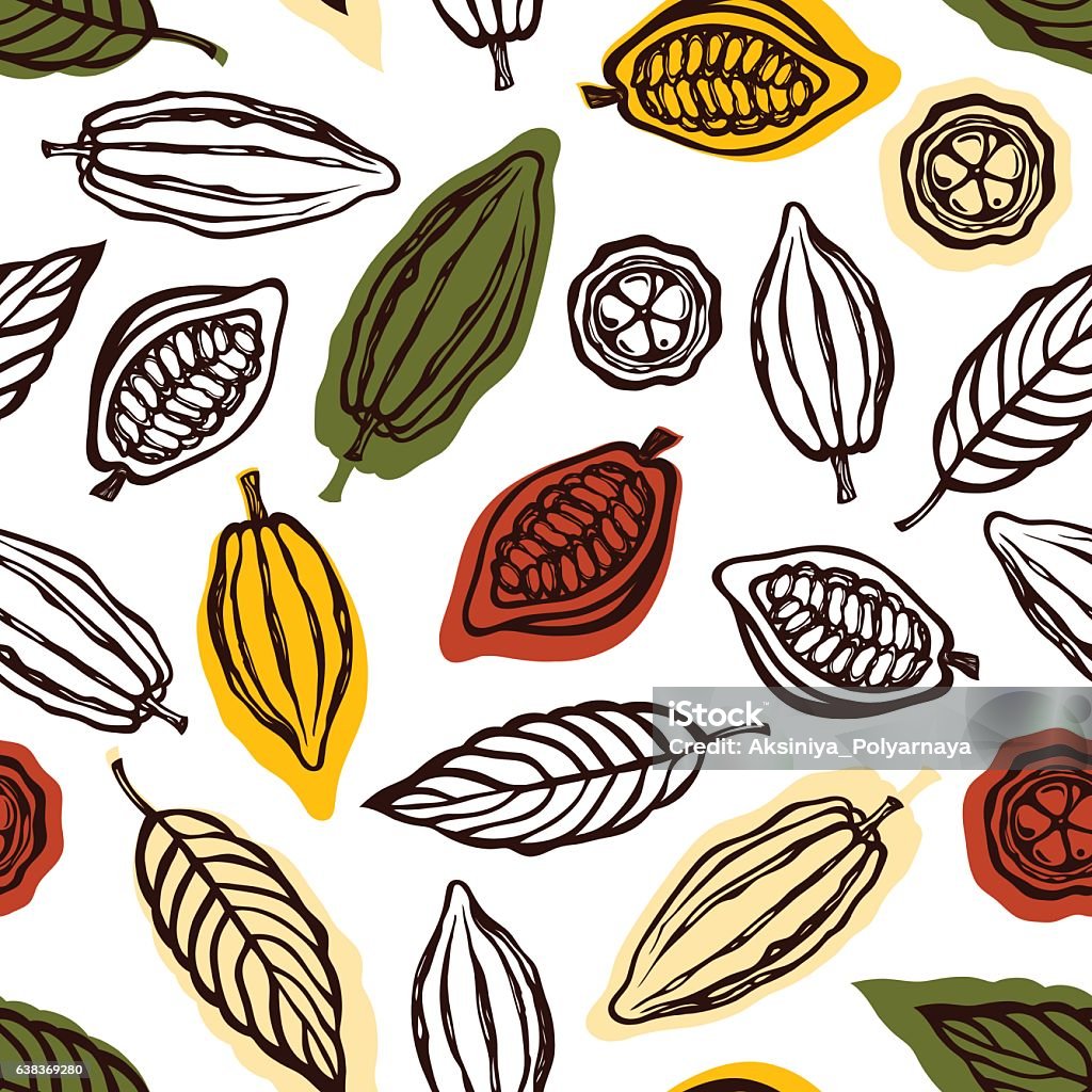 Seamless pattern with fruits and cocoa leaves. Seamless pattern with fruits and cocoa leaves. Background for packaging chocolate drink and chocolate. Hand drawn. Vector illustration. Cacao Fruit stock vector