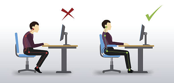 ilustrações de stock, clip art, desenhos animados e ícones de ergonomic. wrong and correct sitting posture - human spine posture back backache