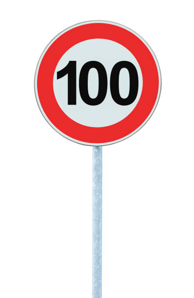 Speed Limit Zone Warning Road Sign, Isolated Prohibitive 100 Km Speed Limit Zone Warning Road Sign, Isolated Prohibitive 100 Km Kilometre Kilometer Maximum Traffic Limitation Order, Red Circle, Large Detailed Closeup 100 mph stock pictures, royalty-free photos & images