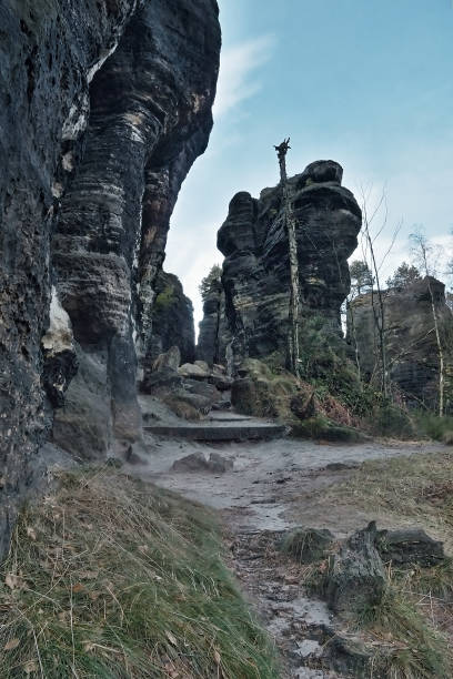 sandy road leading around rock formation in shape of animall sandy road with stones leading around rock formation in the shape of a animall in czech tourist area Tiske steny in winter without snow animall stock pictures, royalty-free photos & images