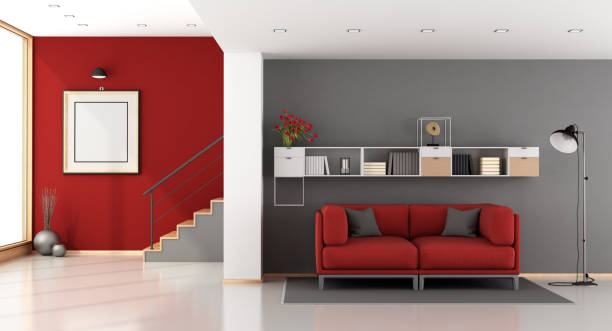 istock Red and gray modern living room 638378194