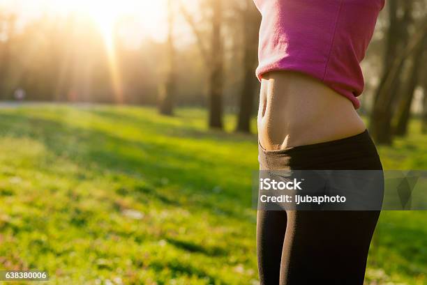 Young Fit Womans Belly Outdoors In Summer Stock Photo - Download Image Now - Healthy Lifestyle, Abdomen, Women