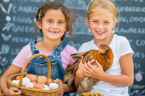 Two elementary age girls are selling eggs at a local farmers market. They are smiling and looking at the camera.