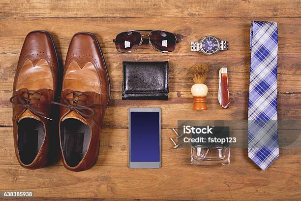 Mens Accessories Organized On Table In Knolling Arrangement Stock Photo - Download Image Now