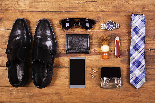 istock Men's accessories organized on table in knolling arrangement 638392646
