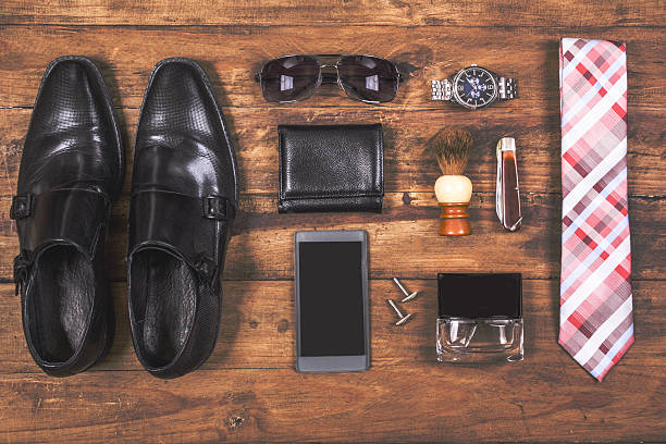 istock Men's accessories organized on table in knolling arrangement 638394958