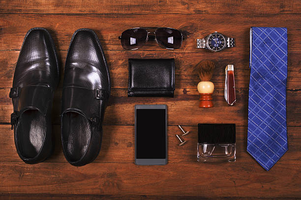 istock Men's accessories organized on table in knolling arrangement 638396492