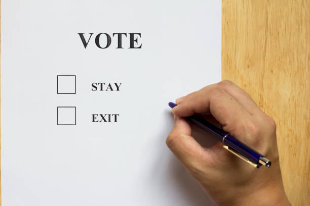 istock Decision paper with stay and exit choice with man held pen 638397198